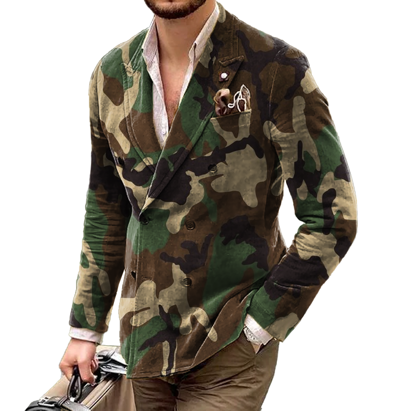 Men's Camo Peak Lapel Double Breasted Casual Blazer