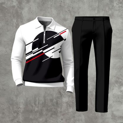 Men's Black & White Casual Color Matching Asymmetric Geomeric Printed Polo-Collar Zipper Long Sleeved Trousers Two-Piece Set