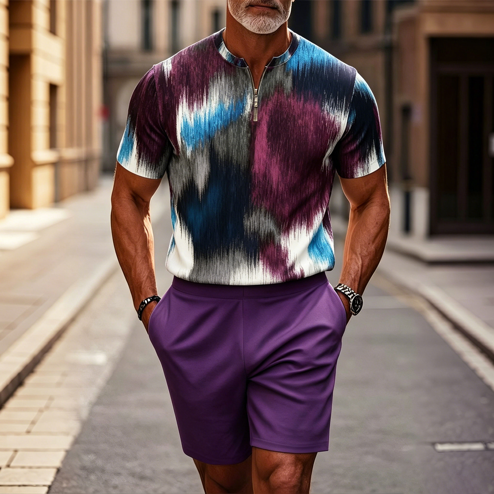 Men's Multi Purple Color Matching Printed Short Sleeve Zipper T-shirt & Short Two-piece Set
