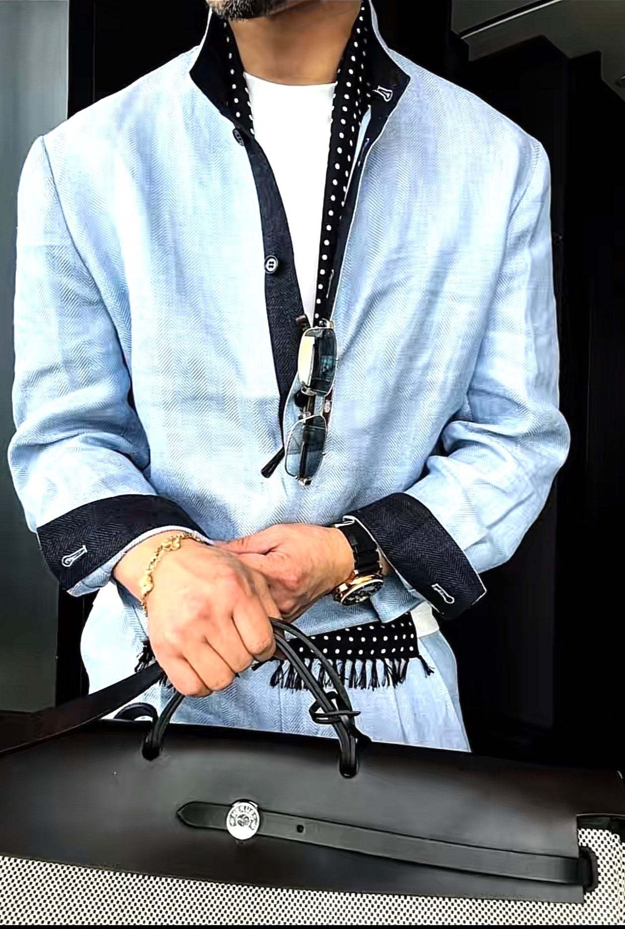 Premium Linen Mandarin Collar Suit-Sky Blue