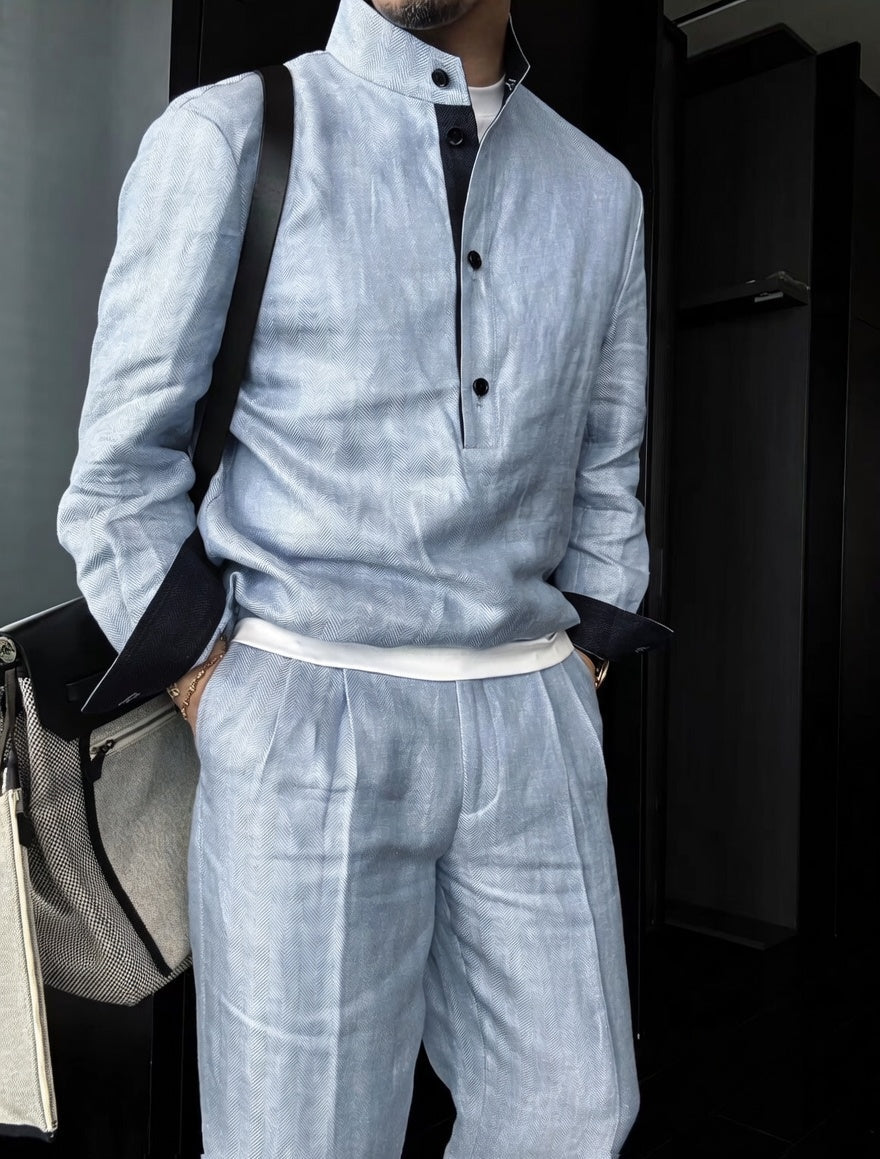 Premium Linen Mandarin Collar Suit-Sky Blue
