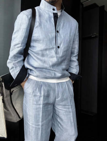 Premium Linen Mandarin Collar Suit-Sky Blue