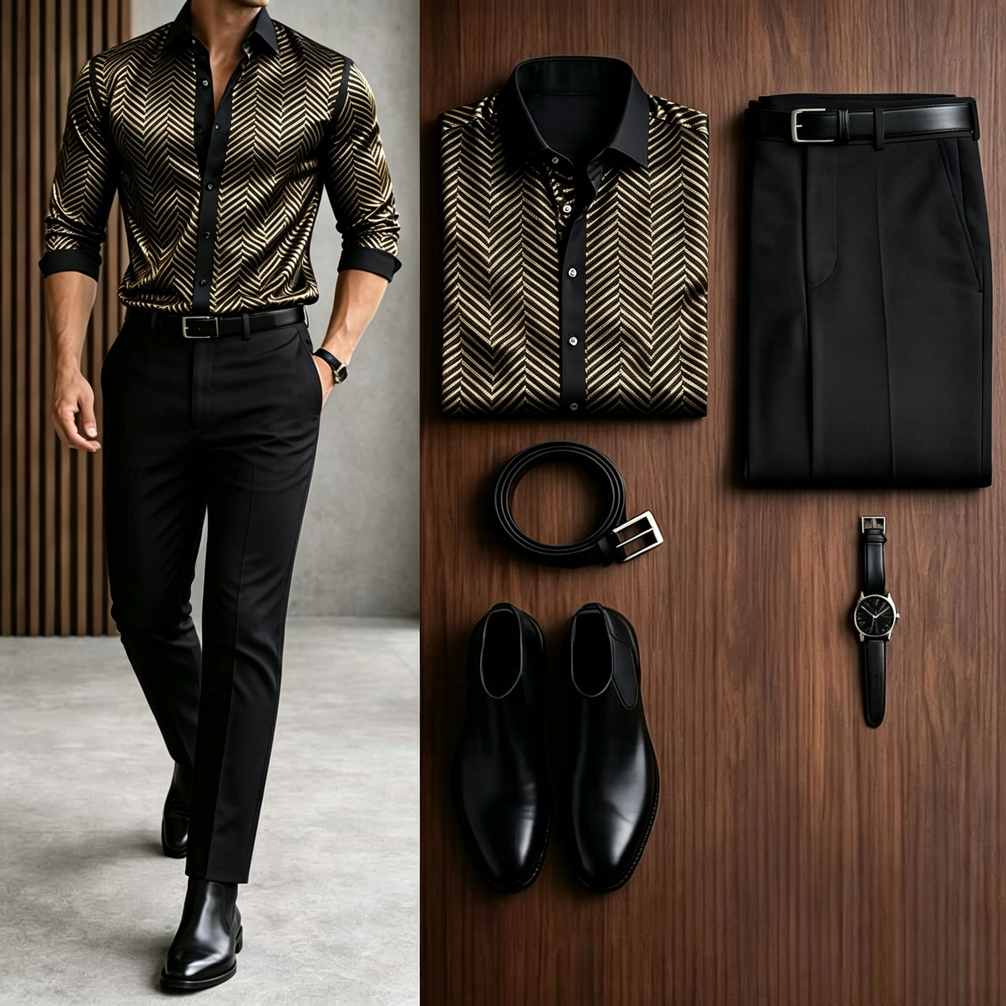 Men's Casual Gold Long Sleeve Baroque Shirt & Black Chino Pants Two-Piece Set