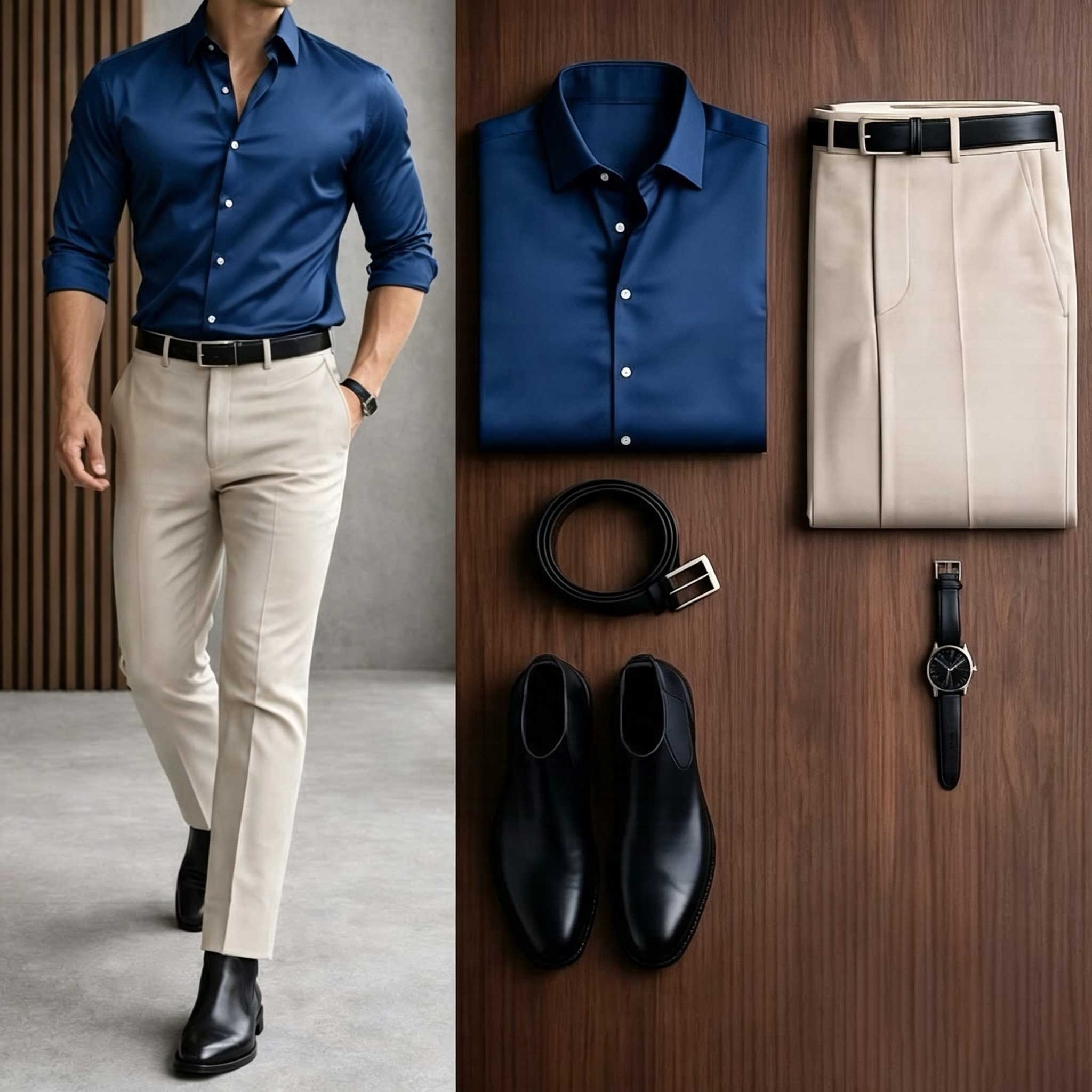 Men's Casual Black Long Sleeve Shirt & Khaki Chino Pants Two-Piece Set