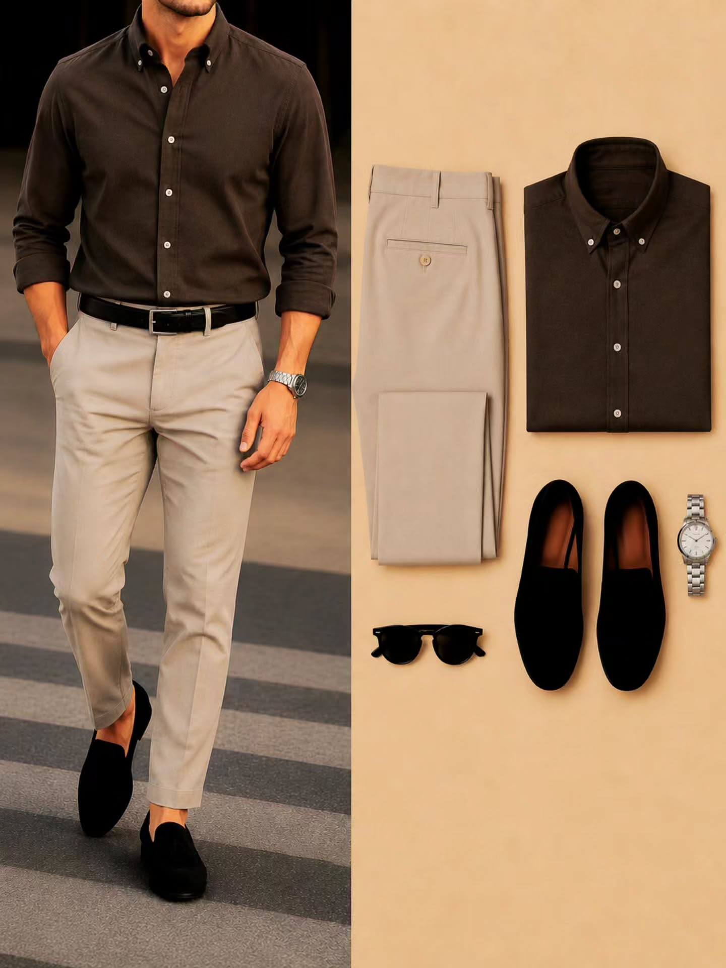 Men's Casual Brown Long Sleeve Shirt & Khaki Chino Pants Two-Piece Set