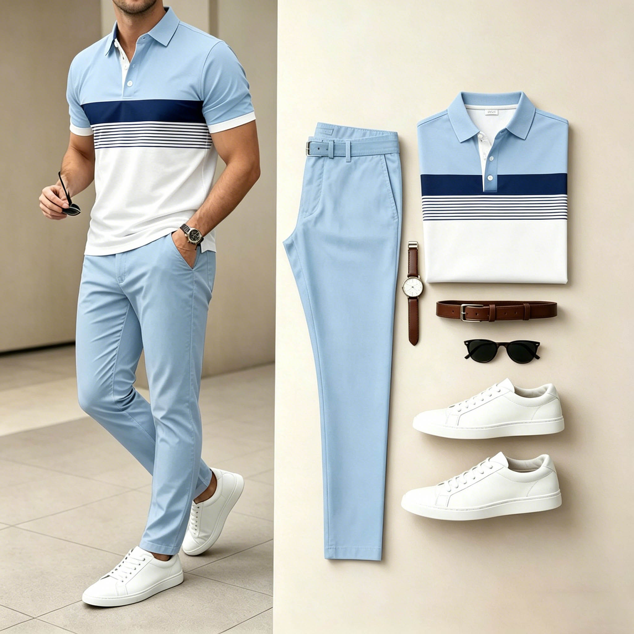 Men's Casual Light Blue White Navy Striped Polo Shirt & Light Blue Pants Two-Piece Set