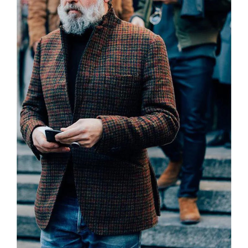Men'S Vintage Plaid Woolen Chest Pocket Lapel Blazer