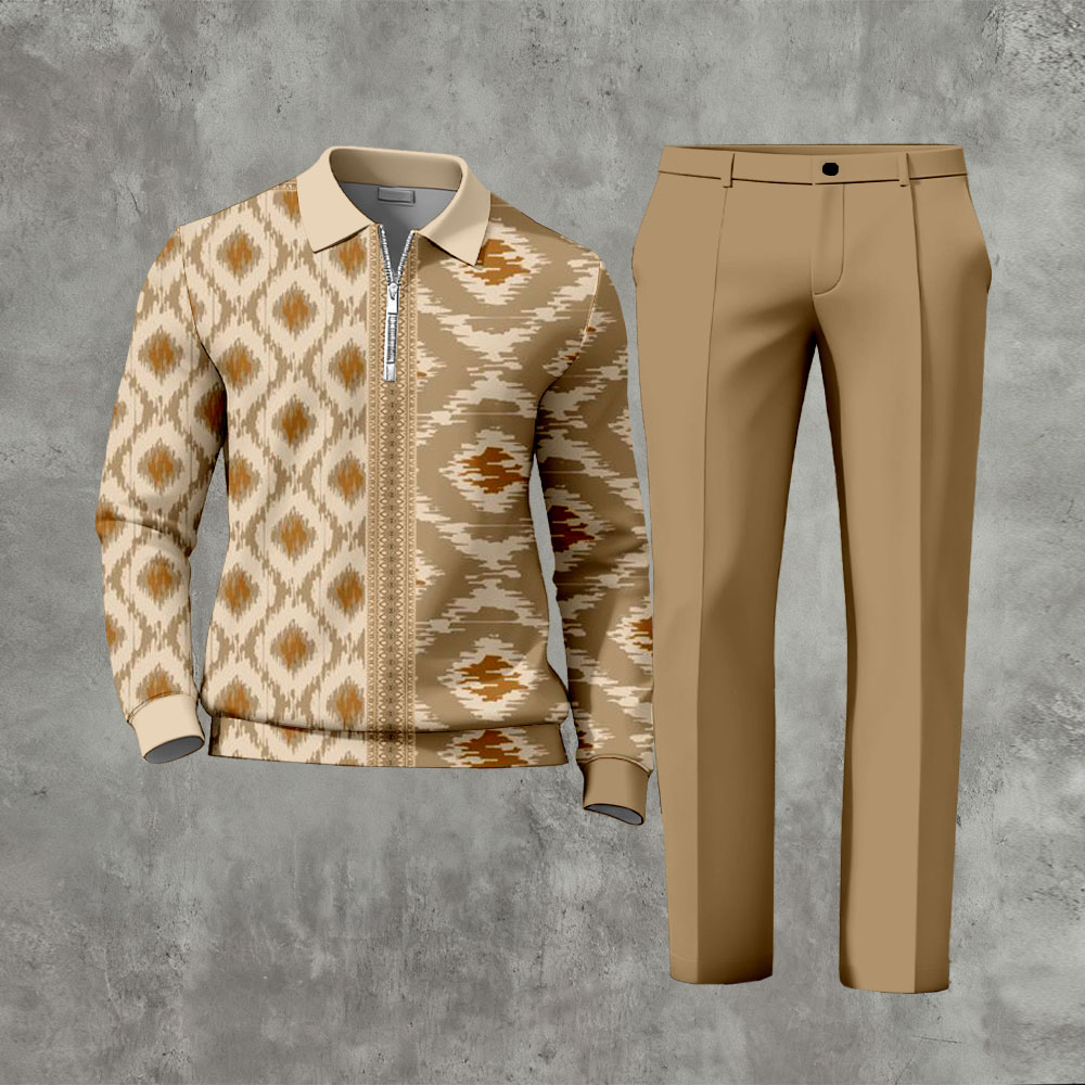 Men's Casual Tan Color Matching Asymmetric Pattern Zipper Long Sleeved Polo Shirt & Trousers Two-Piece Set