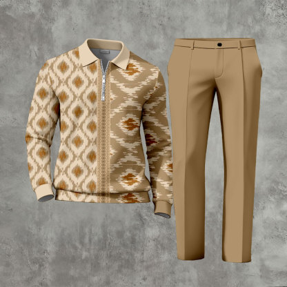 Men's Casual Tan Color Matching Asymmetric Pattern Zipper Long Sleeved Polo Shirt & Trousers Two-Piece Set
