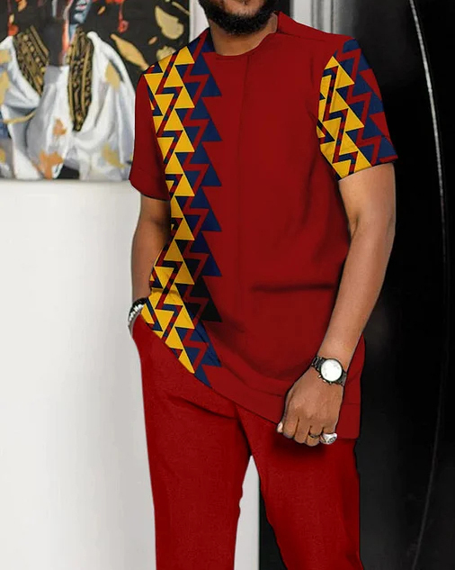 Suitmens Men's Colorblock Print Short Sleeve Sports Walking Suit -304