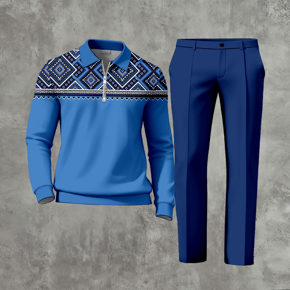 Men's Casual Royal Blue Color Matching Vintage Pattern Zipper Long Sleeved Polo Shirt & Trousers Two-Piece Set