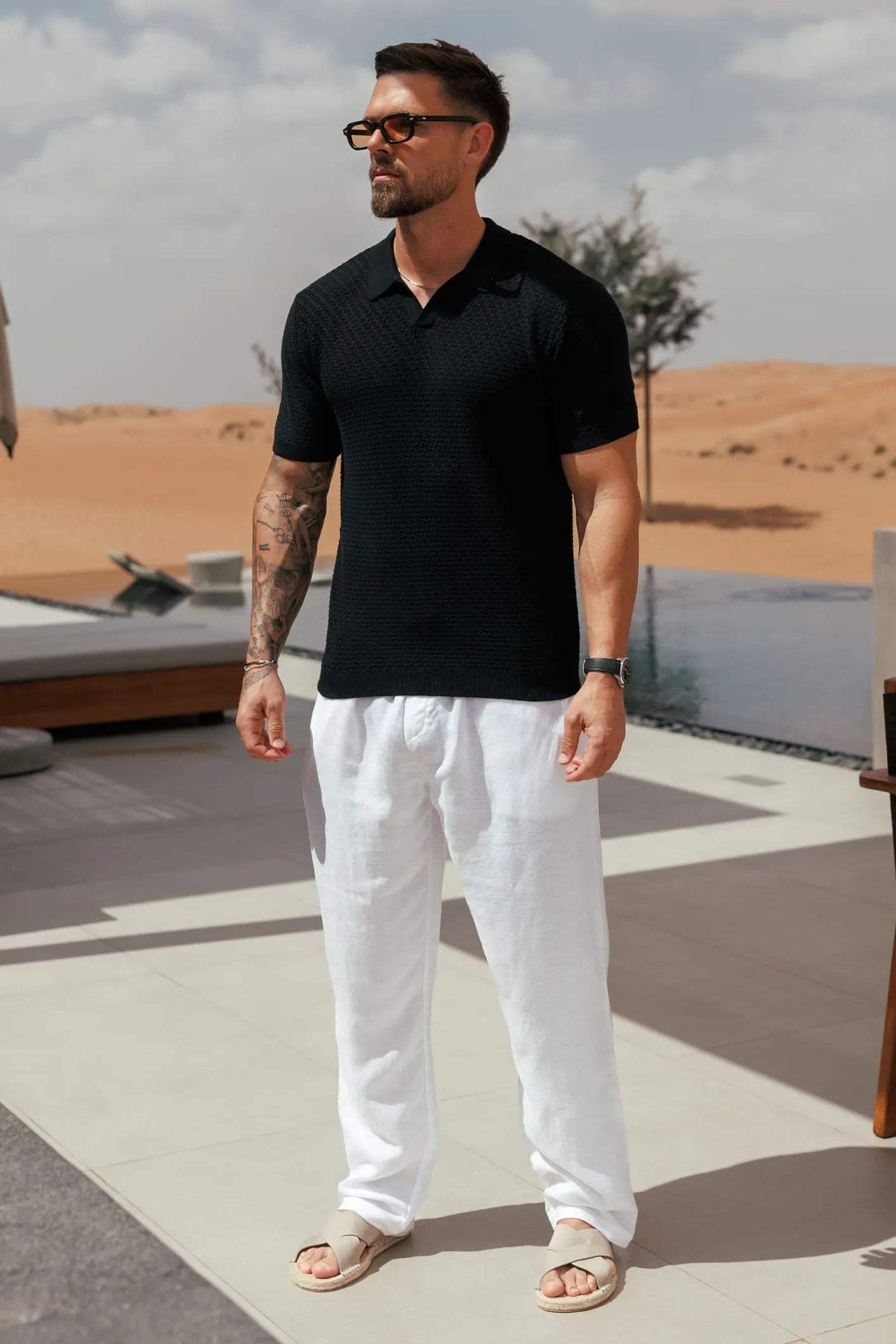 Men's lightweight cotton and linen casual black polo shirt
