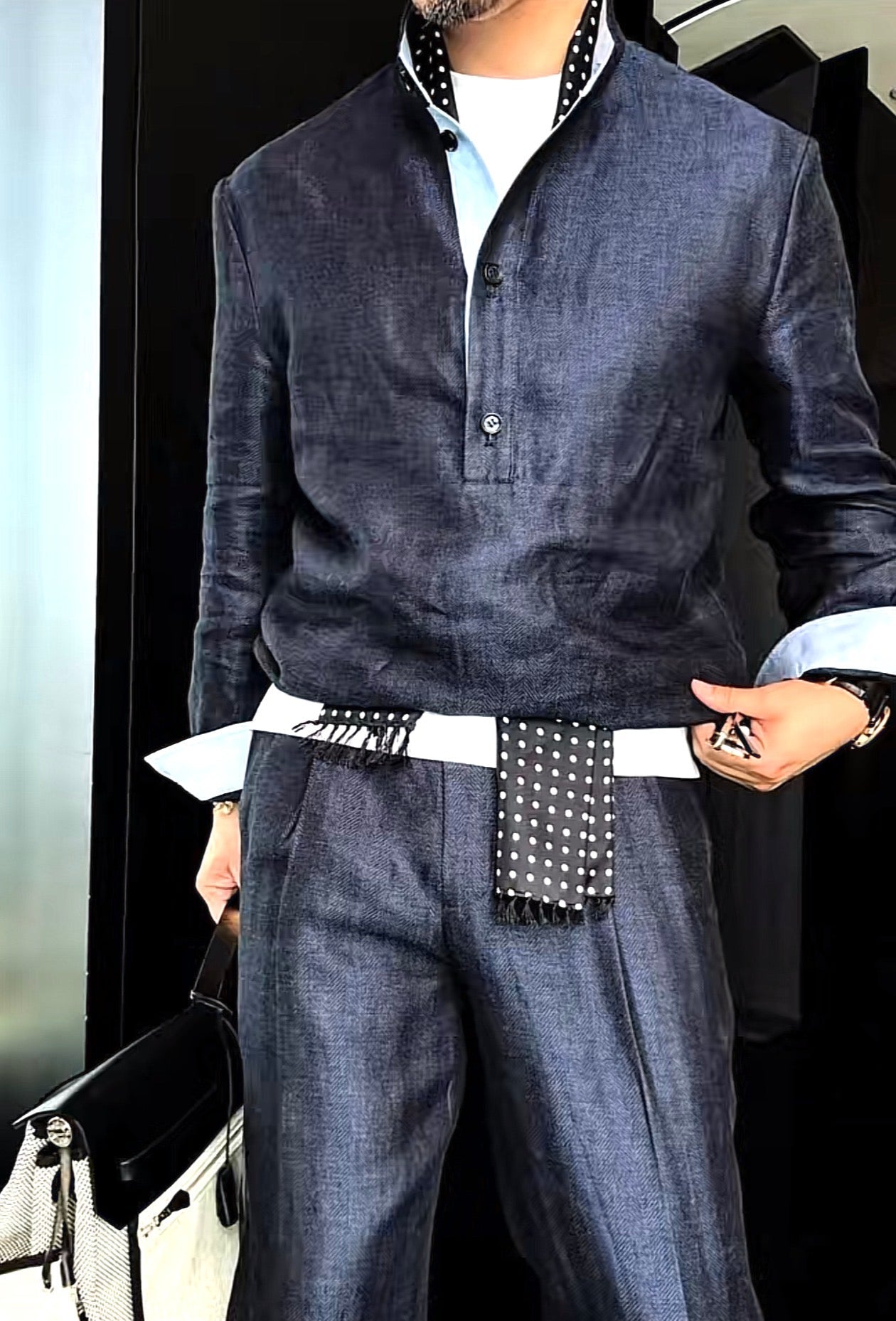 Premium Linen Mandarin Collar Suit-Sky Blue
