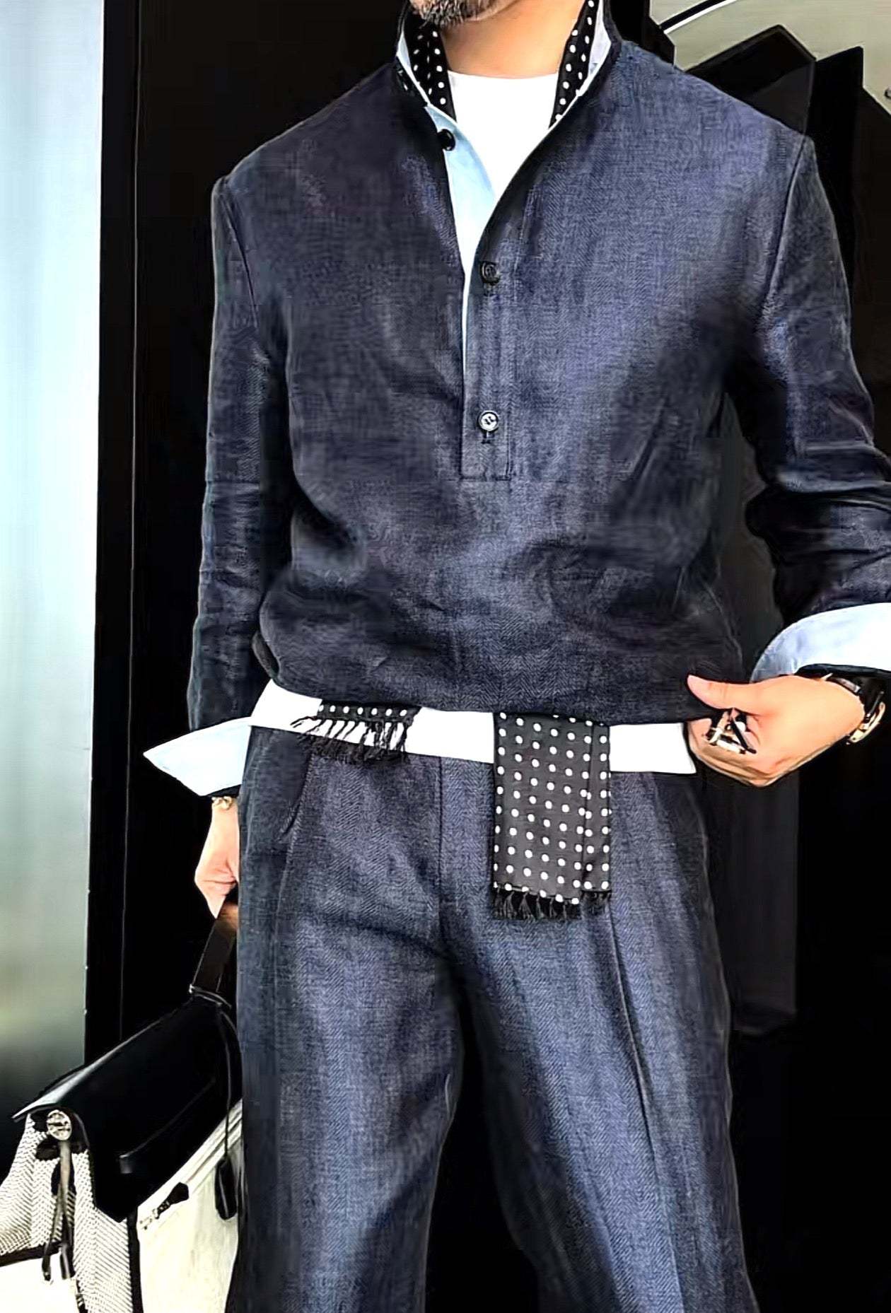 Premium Linen Mandarin Collar Suit-Sky Blue