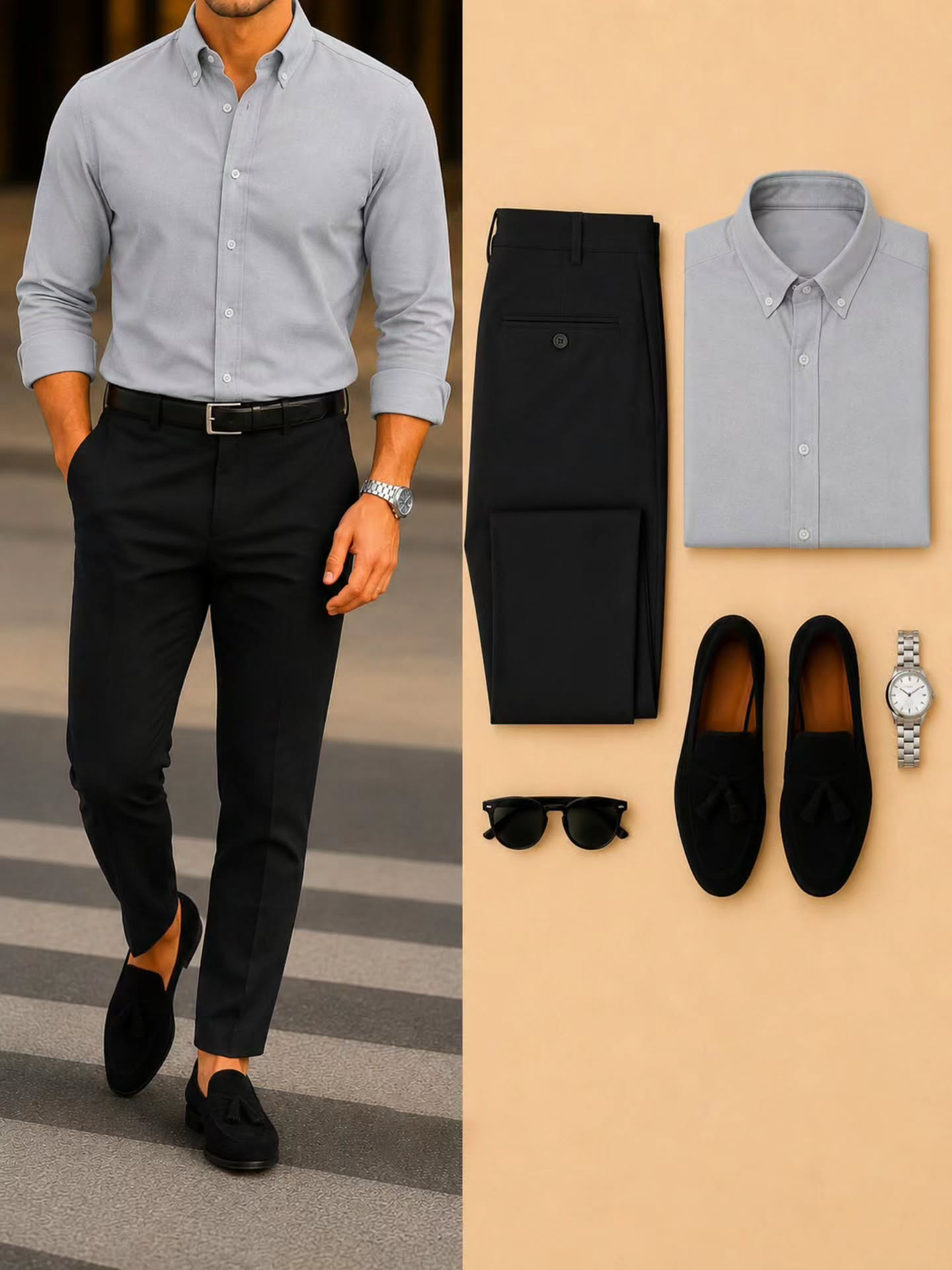 Men's Casual Gray Long Sleeve Shirt & Black Chino Pants Two-Piece Set
