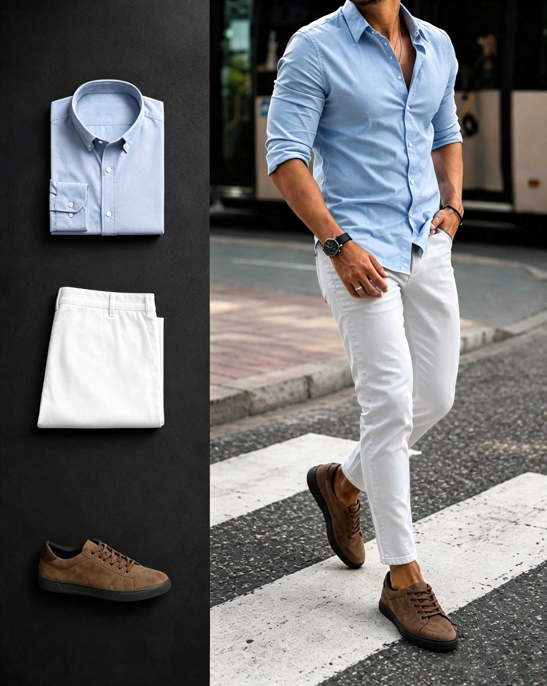Men's Casual Light Blue Long Sleeve Shirt & White Pants Two-Piece Set