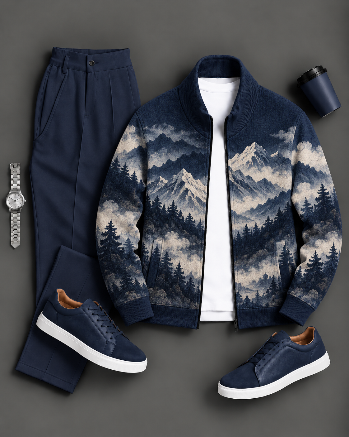 Men's Casual Mountain Landscape Print Knit Zip Up Stand Collar Jacket & Solid Knit Pants Two Piece Set