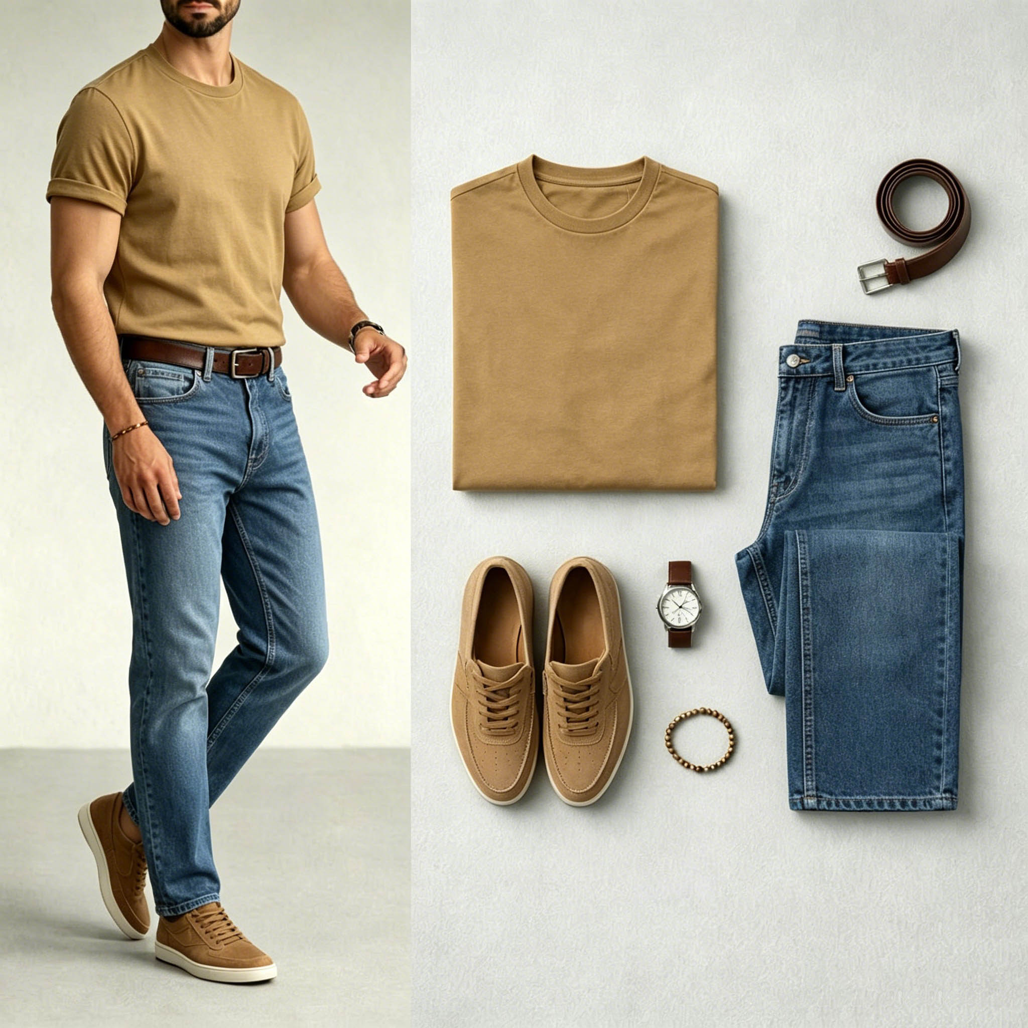 Men's Ginger Yellow & Navy Blue Color Matching Retro Style Short Sleeves T-Shirt & Jeans Two-Piece Set