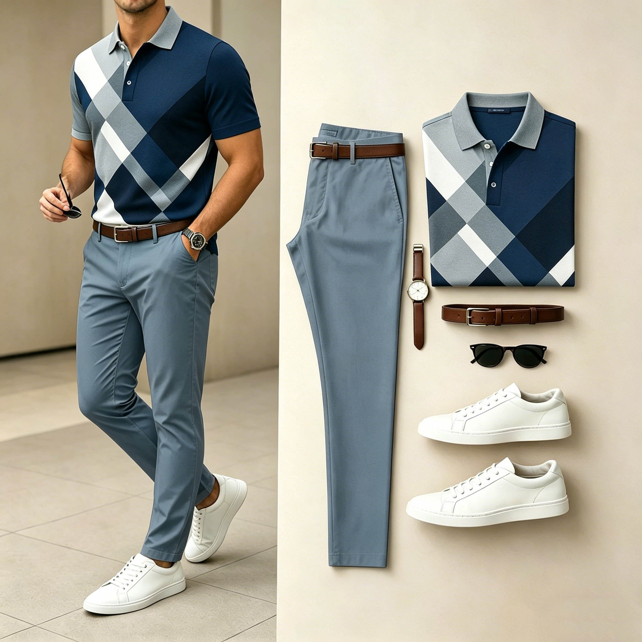 Men's Casual Navy Gray White Argyle Polo Shirt & Gray Blue Pants Two-Piece Set