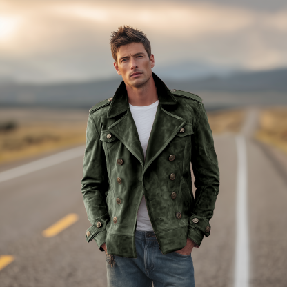 Men's Classic Retro Western Style Lapel Suede Epaulette Double-breasted Jacket