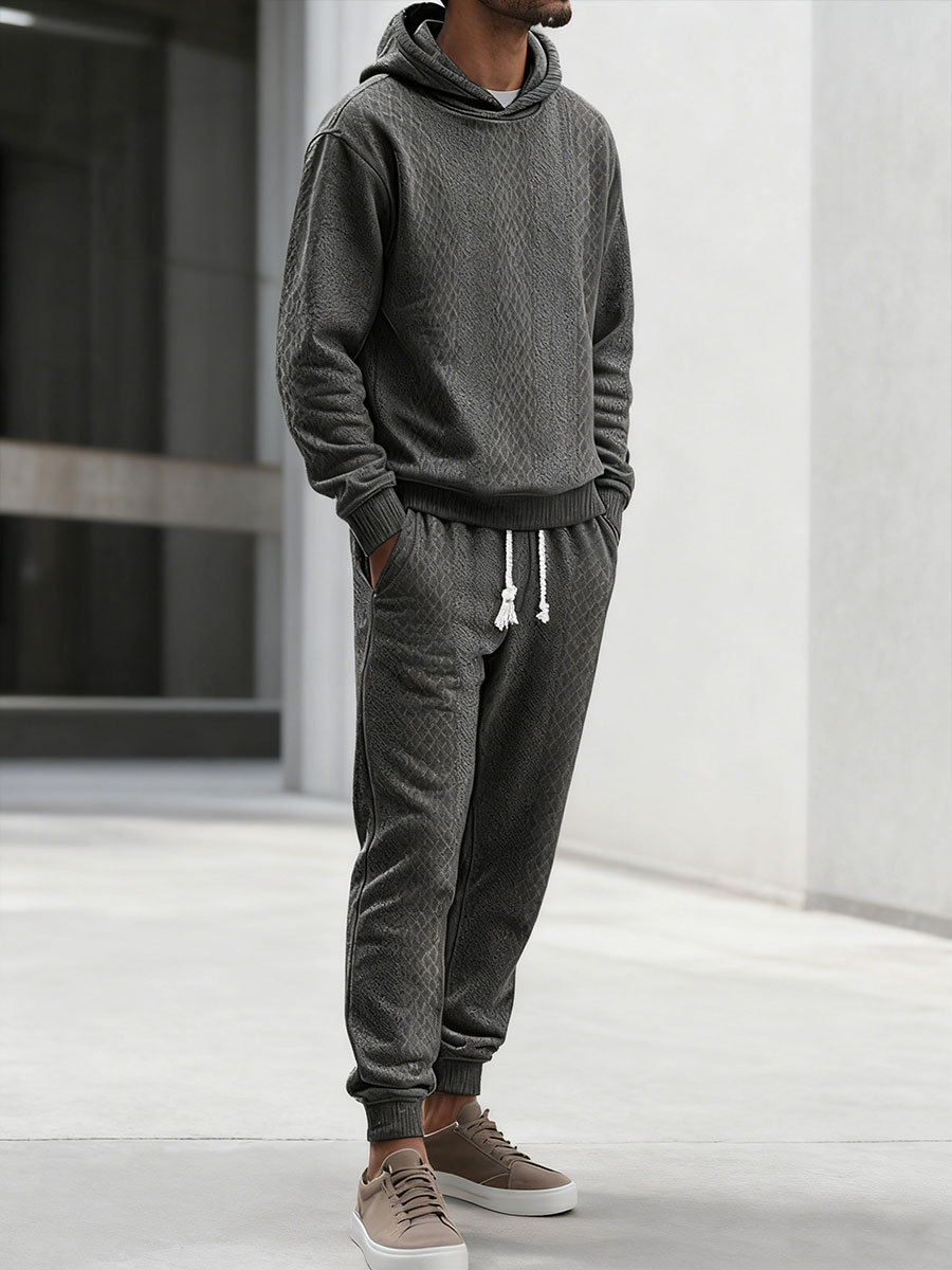 Men's Loose-fitting Casual Sports Long-sleeved Pants Jacquard Hooded Sweatshirt Set