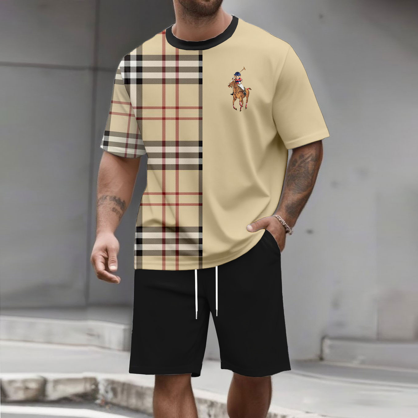 Men's Fashion Casual Color Matching Printed Short-Sleeved Two-Piece Set