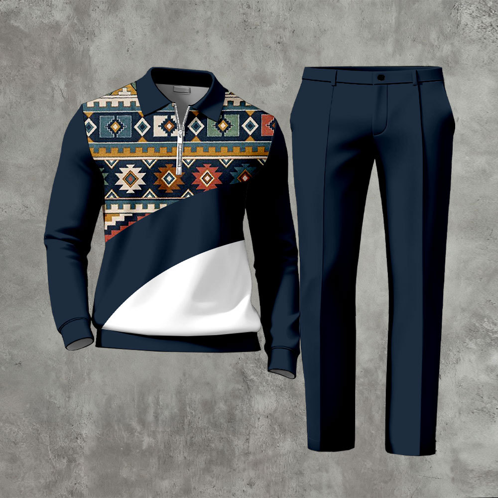 Men's Casual Navy Blue & White Color Matching Asymmetric Vintage Patte