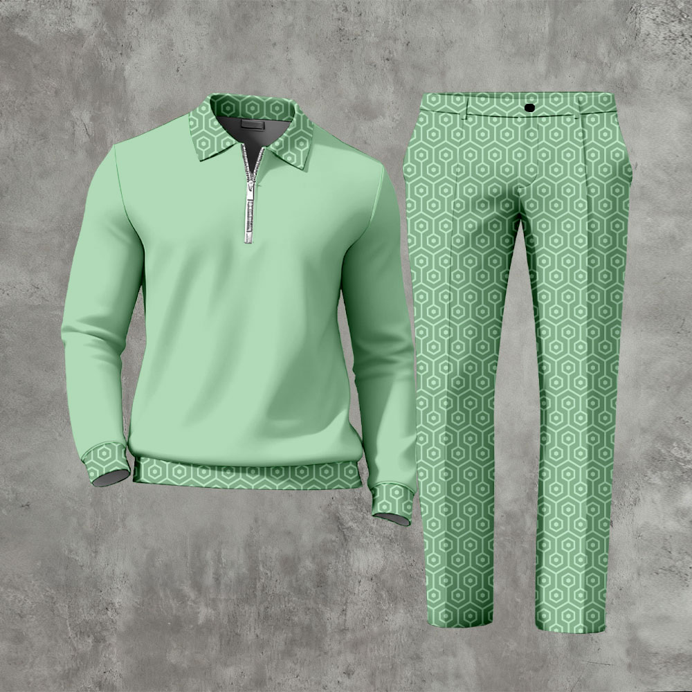 Men's Casual Solid Color Polo-Collar Zipper Long Sleeved Trousers Two-Piece Set -LIGHT GREEN