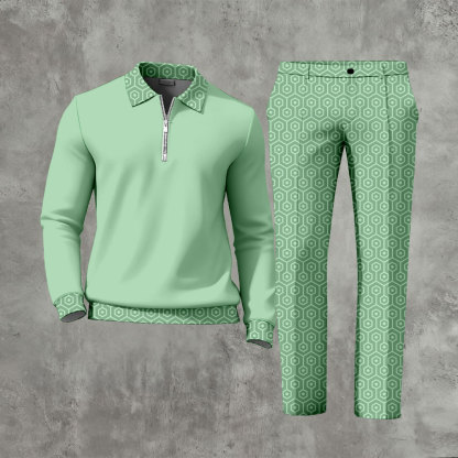 Men's Casual Solid Color Polo-Collar Zipper Long Sleeved Trousers Two-Piece Set -LIGHT GREEN