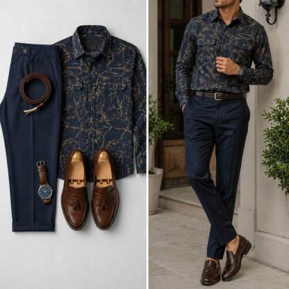 Men's Casual Marble Printed Long Sleeve Shirt & Navy Chino Pants Two-Piece Set
