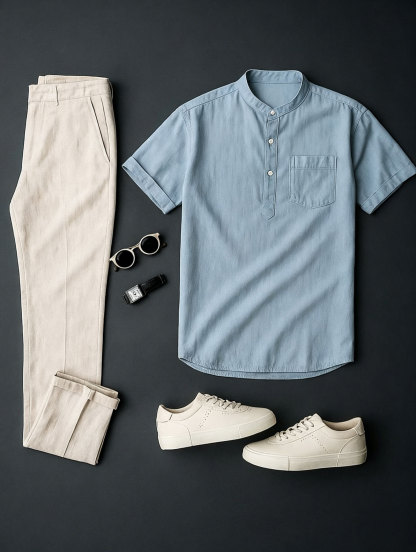 Men's Light Blue & Beige Solid Color Short Sleeves Henry Collar Shirt & Chino Pants Two-Piece Set