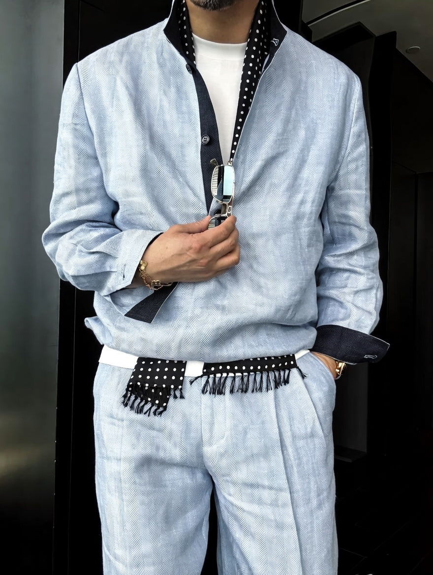 Premium Linen Mandarin Collar Suit-Sky Blue