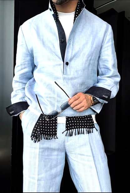 Premium Linen Mandarin Collar Suit-Sky Blue