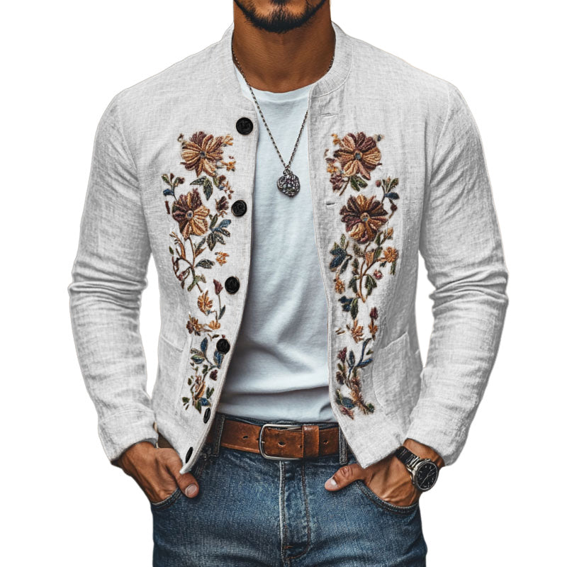 Men's Casual Linen Embroidered Stand Collar Single Breasted Slim Fit Jacket