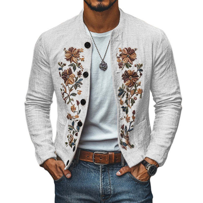 Men's Casual Linen Embroidered Stand Collar Single Breasted Slim Fit Jacket