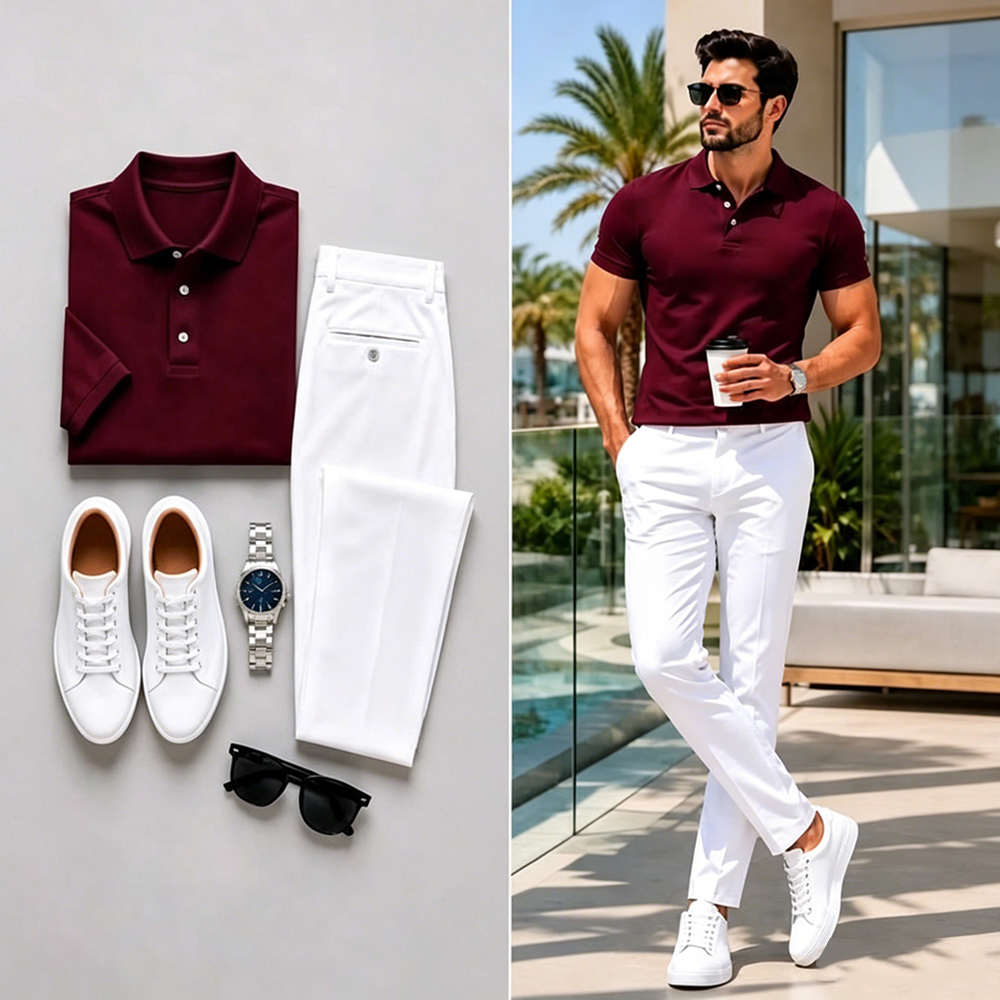 Men's Casual Burgundy Solid Polo Shirt And White Pants Two-Piece Set