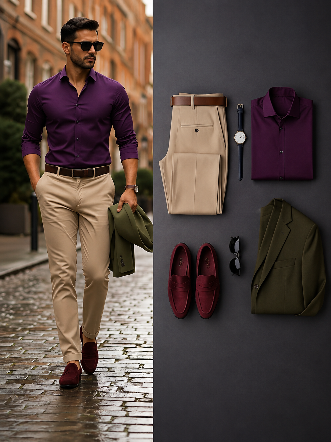 Men's Purple Long‑Sleeve Dress Shirt, Olive Blazer & Khaki Chino Pants 3‑Piece Matching Outfit Set