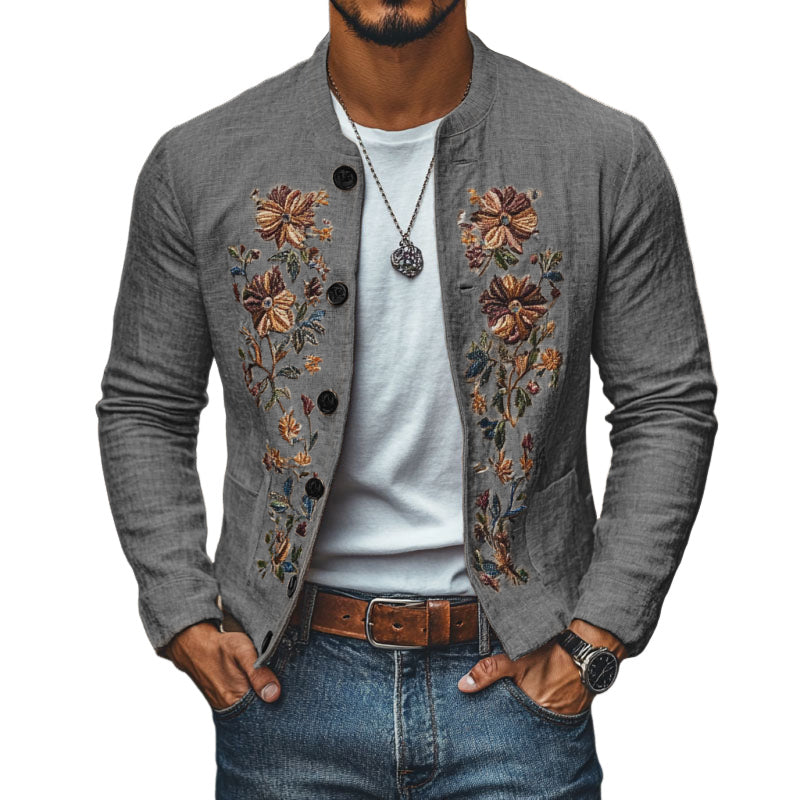 Men's Casual Linen Embroidered Stand Collar Single Breasted Slim Fit Jacket