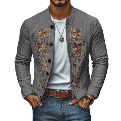 Men's Casual Linen Embroidered Stand Collar Single Breasted Slim Fit Jacket