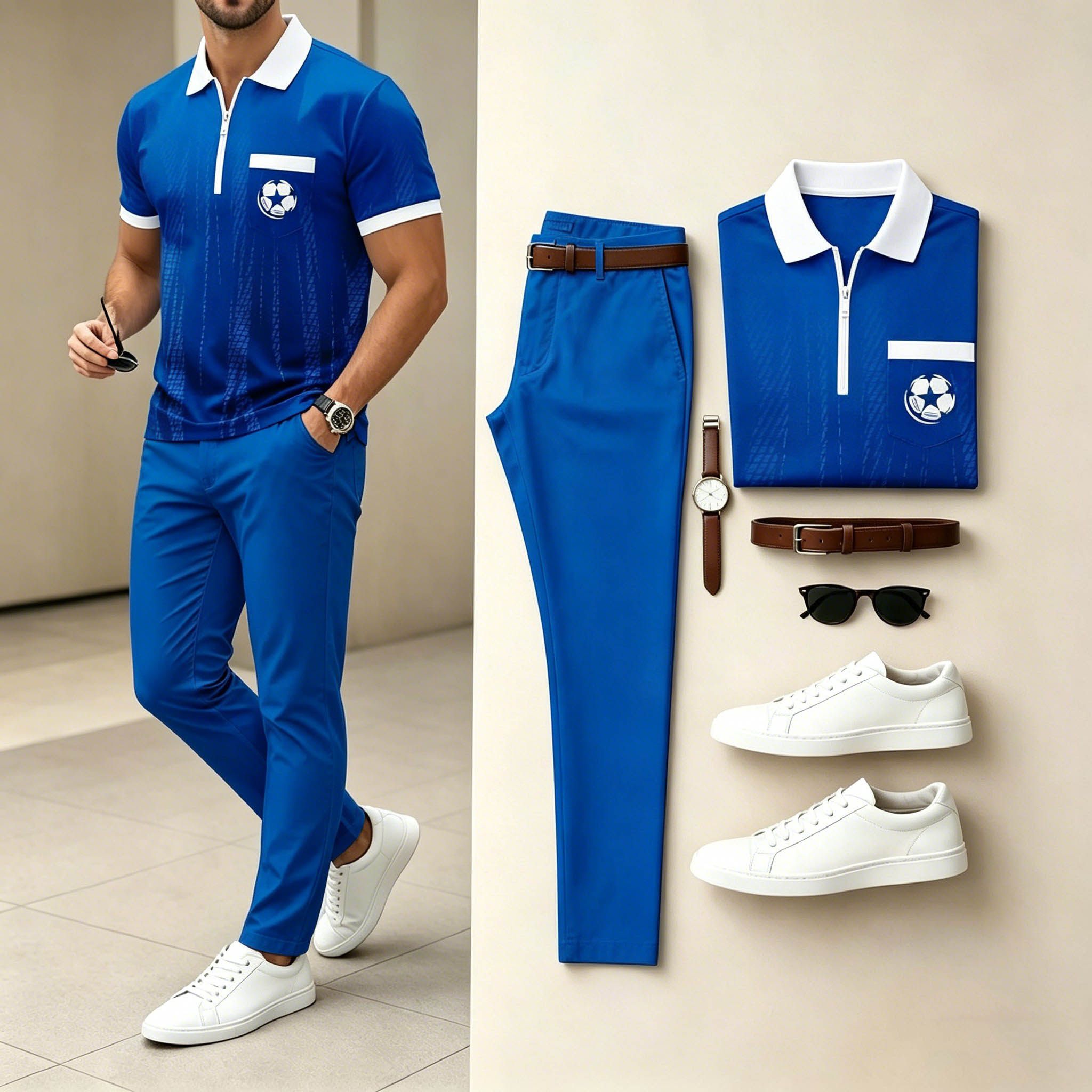 Men's Casual Bright Blue Zipper Soccer Print Polo Shirt & Bright Blue Pants Two-Piece Set