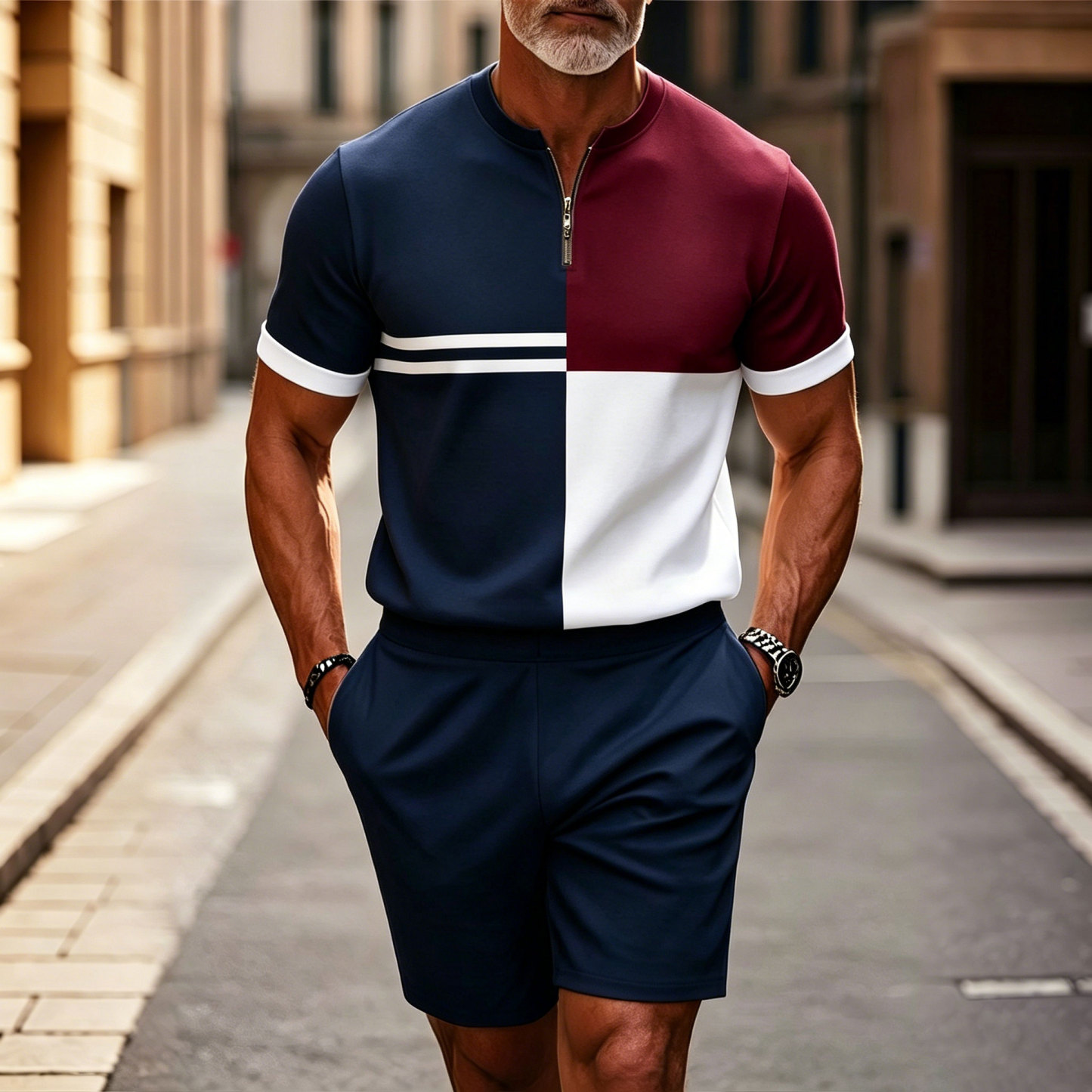 Men's Navy Blue & Burgundy Color Matching Printed Short Sleeve Zipper T-shirt & Short Two-piece Set