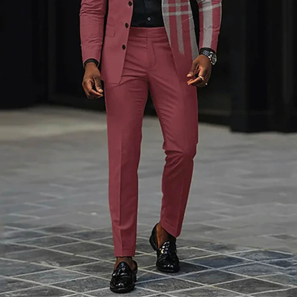 Men's Gradient Red & Gray Color Matching Checkered Printed Long Sleeves Blazer & Trousers Two Pieces Set