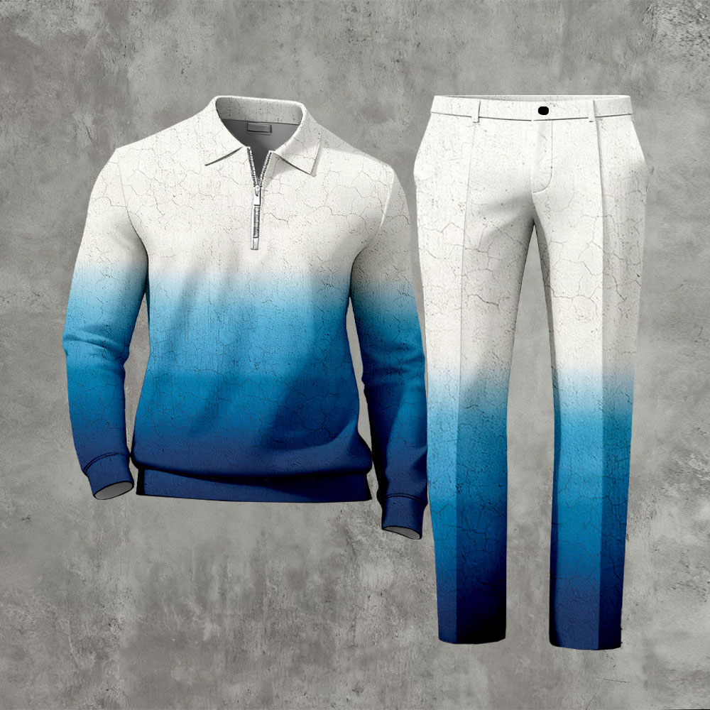 Men's Casual Blue & Beige Color Matching Gradient Printed Zipper Long Sleeved Polo Shirt & Trousers Two-Piece Set