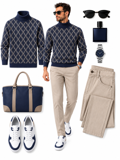 Men's Navy Diamond Jacquard Turtleneck Sweater & Textured Straight‑Leg Pants 2‑Piece Outfit Set