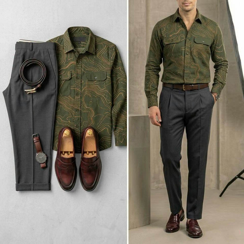 Men's Casual Color Matching Satin Printed Long Sleeves Shirt & Trousers Two Piece Set