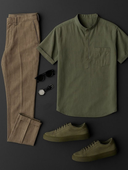 Men's Army Green & Brown Solid Color Short Sleeves Henry Collar Shirt & Chino Pants Two-Piece Set
