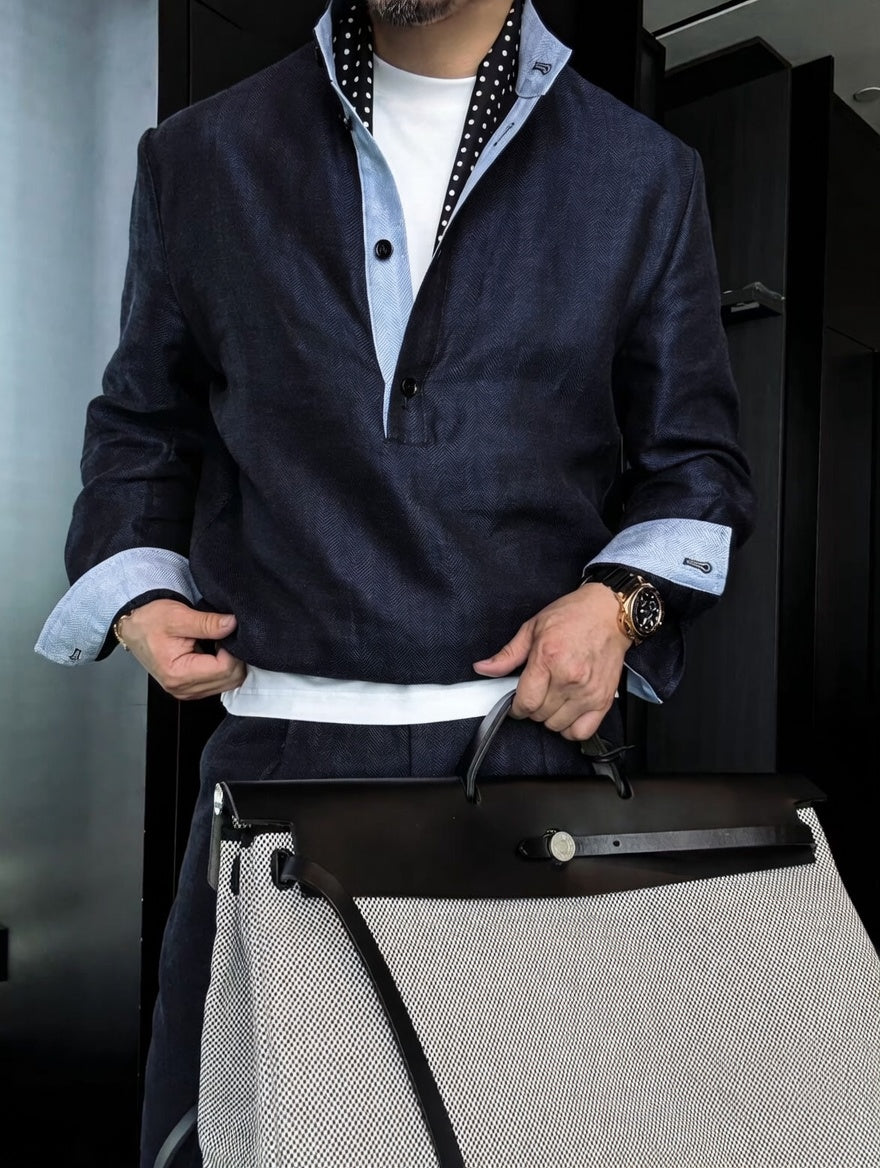 Premium Linen Mandarin Collar Suit-Sky Blue
