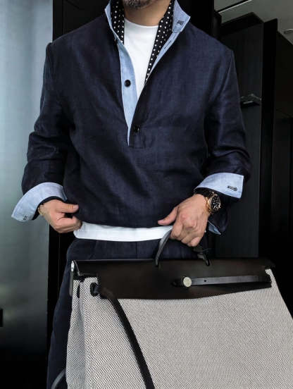 Premium Linen Mandarin Collar Suit-Sky Blue