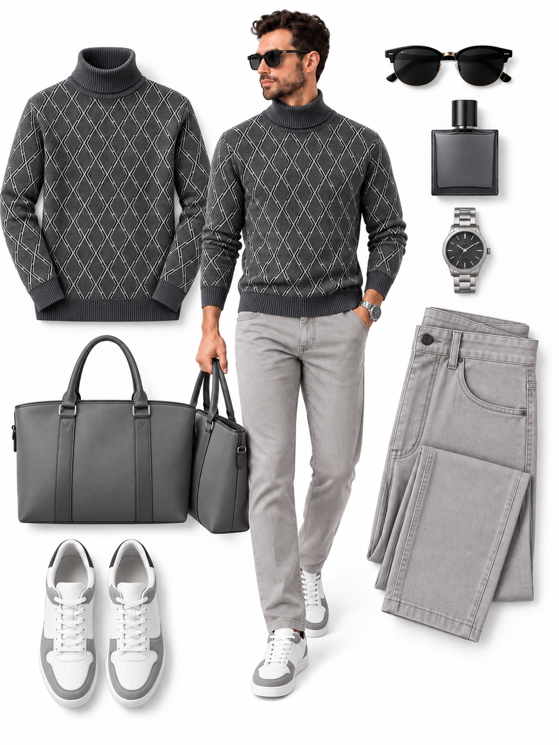 Men's Dark Gray Diamond Jacquard Turtleneck Sweater & Textured Straight‑Leg Pants 2‑Piece Outfit Set