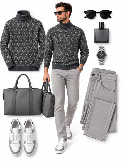 Men's Dark Gray Diamond Jacquard Turtleneck Sweater & Textured Straight‑Leg Pants 2‑Piece Outfit Set